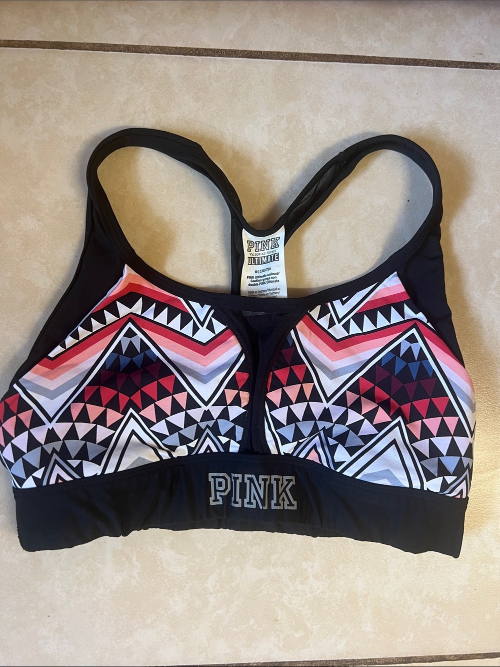 PINK Victoria's Secret Geo-Print Racerback Sports Bra Medium in Black and Pink